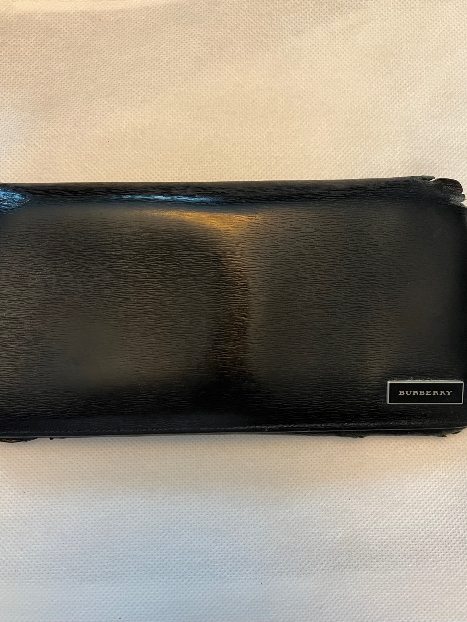 Burberry Black Leather Long Wallet W/ Logo Plaque & Nova Check Interior Accent